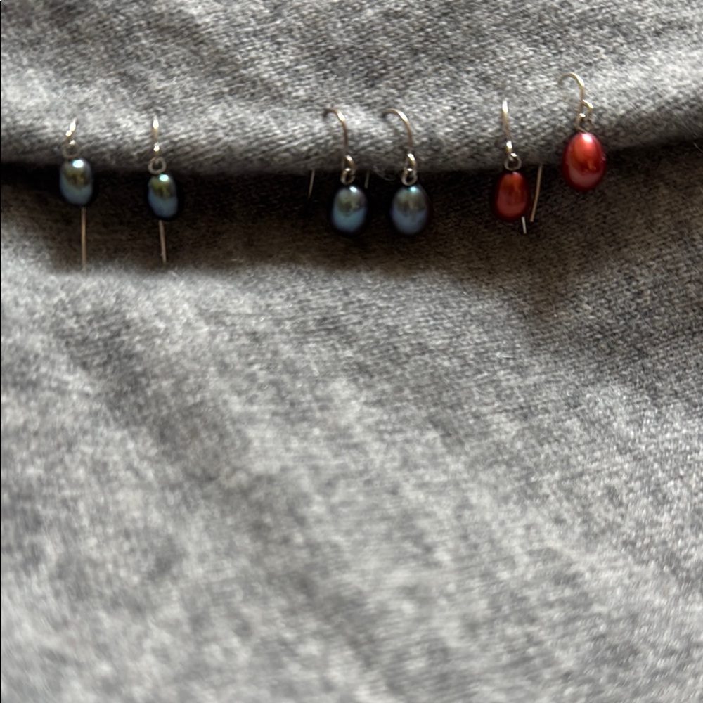 Elegant Pearl Drop Sterling Earrings Set - Blue and Red